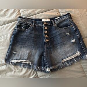 KanCan Dark Wash Button-Front Distressed Jean Shorts